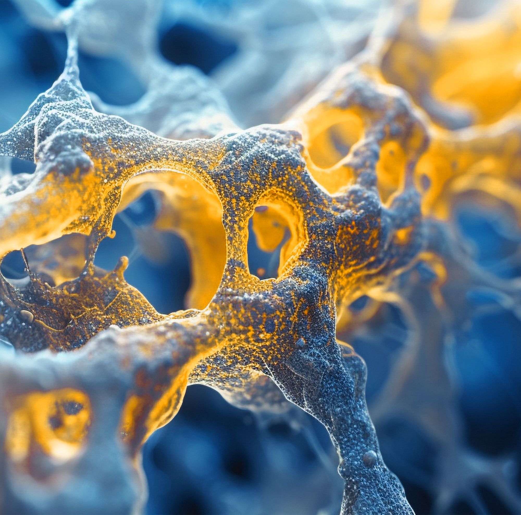 Close-up of a yellow glow within a white, porous structure. 